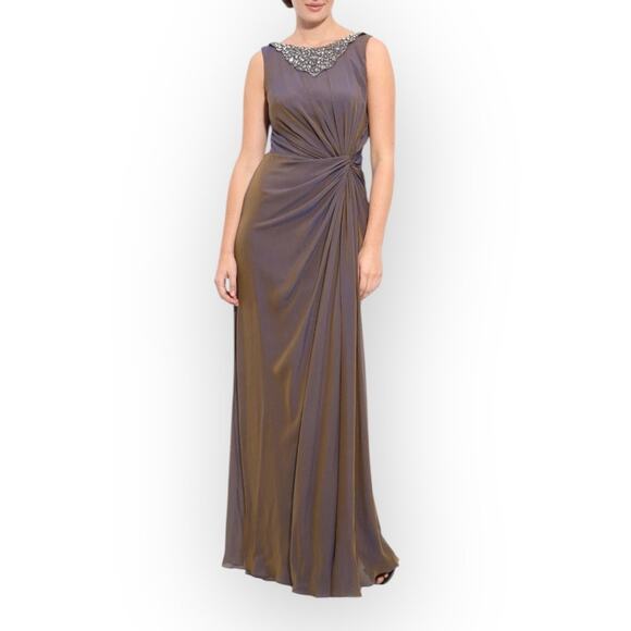 Tadashi Shoji Maxi Gown Women's 8 Brown Iridescent Jeweled Chiffon Sleeveless - Picture 1 of 10